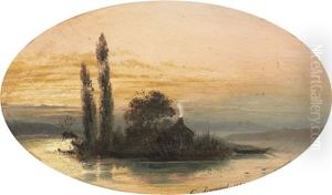 Abendliche Seepartie Mit Haus Auf Einer Insel by Leopold Durangel
