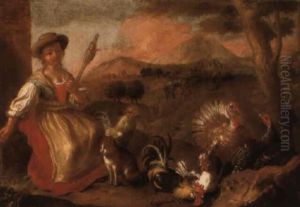 A Peasant Woman Spinning With A Cat And Poultry In An Italianate Landscape by Giorgio (Count) Durante