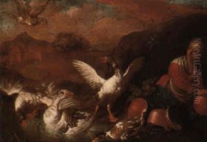 A Maid Cleaning Cooking Vessels By A Sword Of Mallard At A Pond by Giorgio (Count) Durante