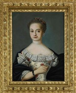Portratt Forestallande Maria Catharina Himmelman, Fodd Silfverhielm Ikladd Ljus Klanning Med Polykroma Stroblomster Samt Morkbla Mantel - Midjebild