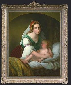 Historisches Interieur Mit Einer Mutter, Die Ihr Eingeschlafenes Kind Umfast by Friedrich Durck