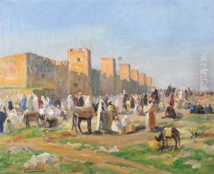Marche Devant Les Remparts De Marrakech by Gaston Jules Louis Durel