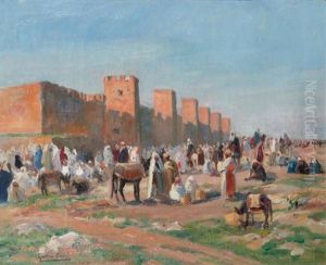 Scene De Marche Devant Les Remparts De Marrakech