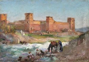 Washerwomen Outside The Walls Of A Moroccan Town by Gaston Jules Louis Durel