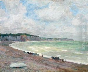 Les Attelages De Petits Chevaux En Bord De Mer Par Temps Lourd by Eugene Antoine Durenne