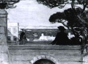 Promeneurs Sur Le Pont D' Endoume, A L'entree De La Rade De Marseille by Eugene Antoine Durenne