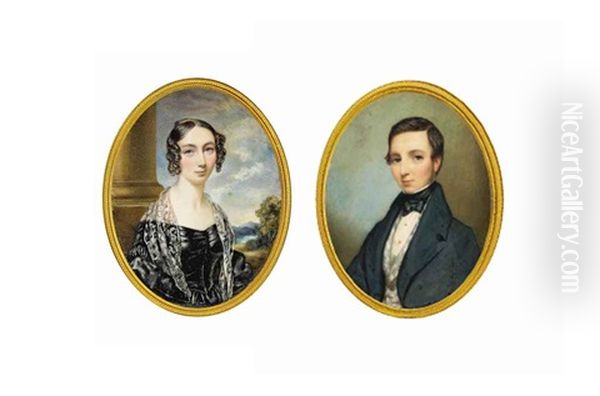 A Pair Of Portraits Of Mrs S. Rowe, Nee Eliza J. Bennett, In Black Dress, White Lace Shawl, Pillar And Landscape Background, And Her Husband Skinner Rowe, In Blue Coat - view 1