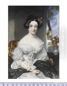 A Lady, Seated In An Interior Before A Window, Wearing White Dress With Lace Trim And Tiered Lace Sleeves, Folded Detailing At The Bust, Three Sash Ribbon...