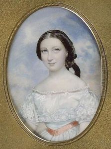 A Lady, Wearing White Dress With Coral Pink Waistband, The Lace Collar Trimmed With Matching Ribbon