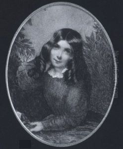 A Young Girl With Hazel Eyes And Long Dark Curled Hair Wearing Deep Rust-coloured Dress With White Collar, She Holds A Pink Rose And Blue Ribbon by Cornelius Beavis Durham