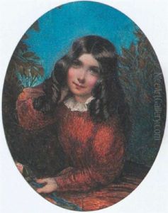 A Young Girl With Hazel Eyes And Long Dark Curled Hair, Wearing Rust-colored Dress With White Collar, She Holds A Pink Rose And Blue Ribbon In Her Left Hand by Cornelius Beavis Durham