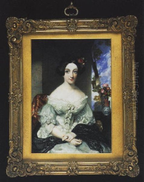 A Lady Seated In A Chair Draped With Striped Fabric, Wearing Decollete White Dress, Black Lace Shawl And Pink Rose In Her Hair... - view 1