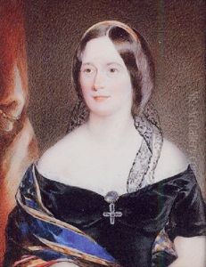 A Lady, Wearing Decollete Black Dress With Striped Silk Shawl, Green Pendant Brooch And Ribbon In Her Hair