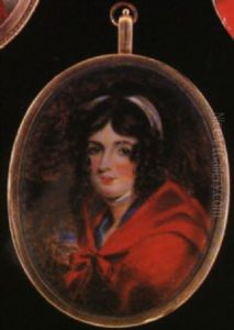 Portrait Of A Lady Wearing Red Cape Over Blue Dress And Blue And White Striped Bandeau In Her Brown Hair