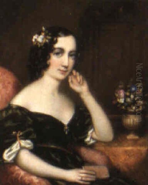 Portrait Of A Lady Seated Beside A Table With Flowers - view 1