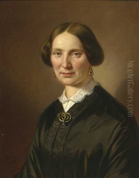 Frau Mit Spitzenkragen, Ohrringen Und Schlangenbrosche (+ Mann Mit Schnurr- Und Kinnbart, Schwarzem Halstuch Und Grungoldenen Hemdknopfen, 1847; Pair) - view 1