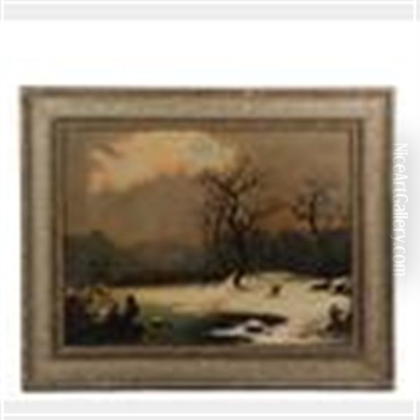 Two Hunters Converse In A Winter Wooded Landscape - view 1