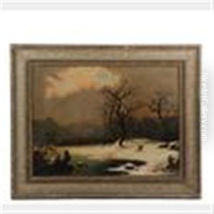 Two Hunters Converse In A Winter Wooded Landscape Two Hunters Converse In A Winter Wooded Landscape