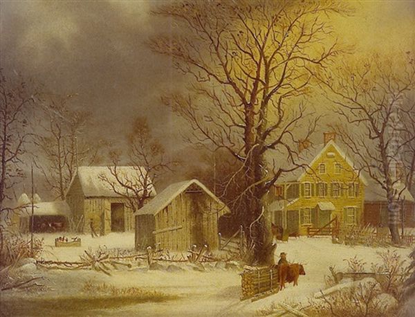 Winter Landscape With Figures Working Around Stone Home, Barn And Outbuilding - view 1