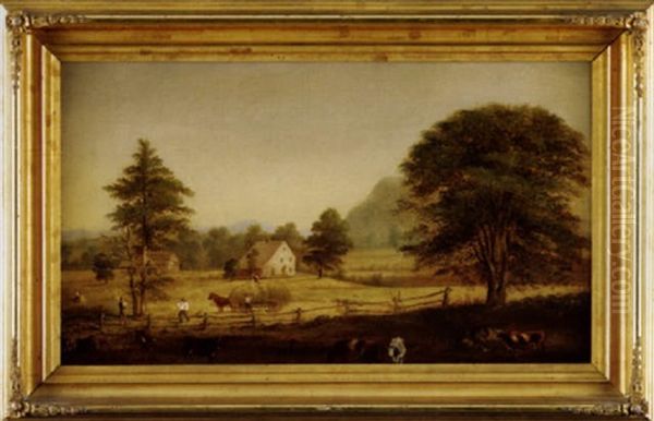 Autumnal Landscape With House, Barn, Animals And Family Haying The Fields - view 1