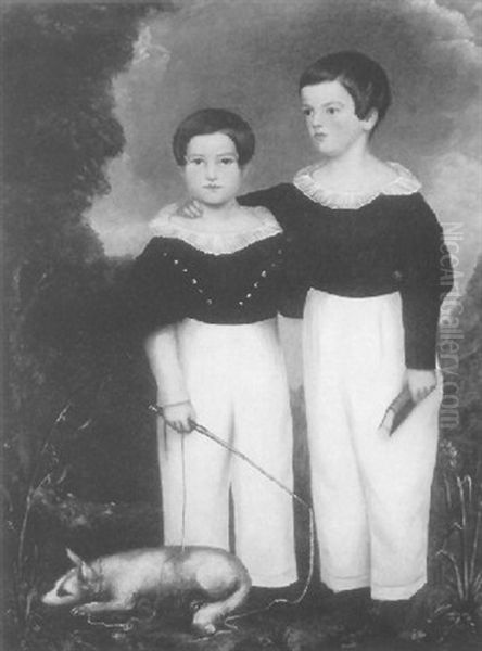 Portrait Of Two Boys And Their Dog In A Landscape, One Holding One Book, The Other Holding A Whip - view 1