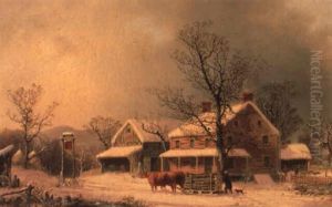 Oxen Hauling Logs On Sled by George Henry Durrie