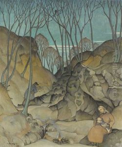 Heilige Familie Auf Der Rast In Winterlichem Wald by Rudolf Duerrwang