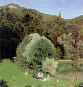 Sonntagliche Gesellschaft Beim Picknick Am Ufer Eines Kleinen Sees An Einem Sonnigen Fruhlingstag by Rudolf Duerrwang