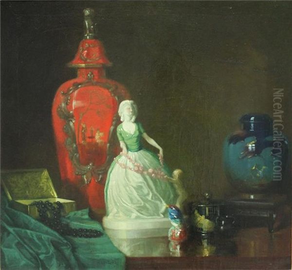 Stillleben Mit Berliner Rotlackvase Eisvogel, Vasen Und Figur Einer Galanten Dame Mit An Girlande Ziehendem Putto - view 1