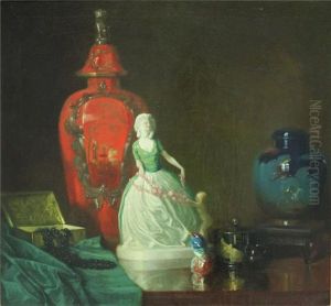 Stillleben Mit Berliner Rotlackvase Eisvogel, Vasen Und Figur Einer Galanten Dame Mit An Girlande Ziehendem Putto