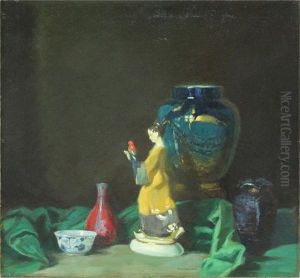 Stillleben Mit Skulptur Einer Chinesin Und Vasen by Max Durschke