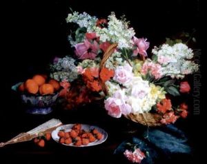 Panier De Fleurs, Fruit Et Eventail by Hortense M.G. Dury-Vasselon