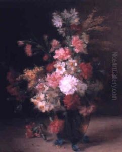 Narcissi, Carnations And Helichrysum In A Glass Vase by Hortense M.G. Dury-Vasselon