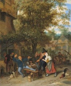 A Fiddler And Peasants Drinking And Carousing Outside A Village Inn