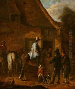 Horsemen By A Tavern by Cornelis Dusart