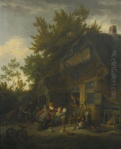 Peasant Family Outside A Cottage by Cornelis Dusart