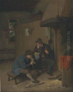 A Kitchen Interior With Peasants Drinking And Smoking by Cornelis Dusart