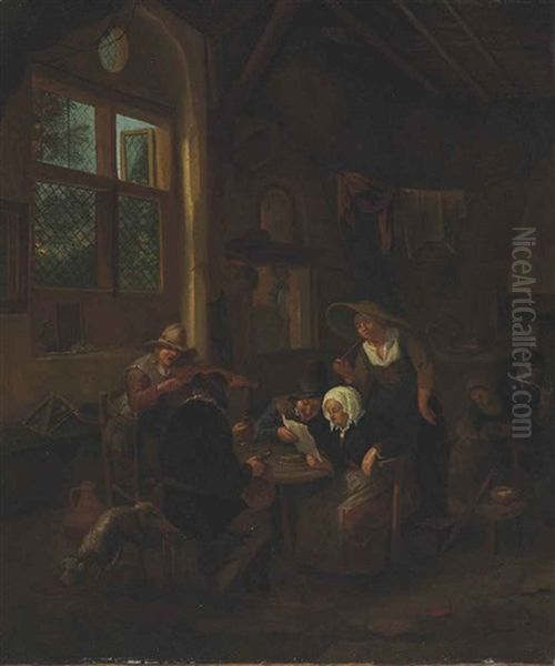 An Interior With Figures Around A Table, Drinking, Smoking, Making Music And Reading A Letter - view 1