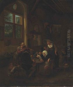 An Interior With Figures Around A Table, Drinking, Smoking, Making Music And Reading A Letter by Cornelis Dusart