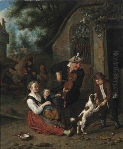 A Violin Player And Other Figures Merrymaking Outside An Inn by Cornelis Dusart