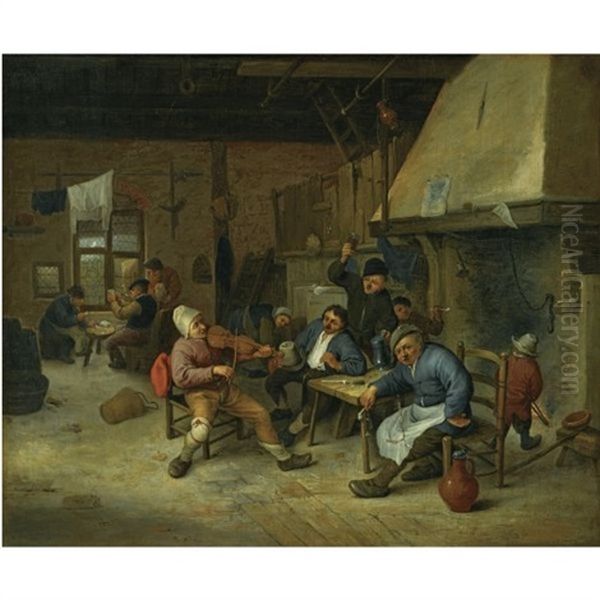 A Tavern Interior With A Fiddler And Peasants Smoking, Drinking And Playing Cards - view 1