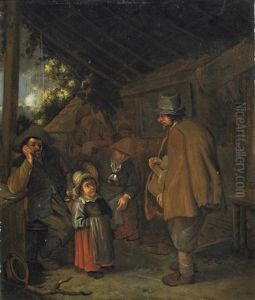 Bauersleute Mit Einem Wanderer Vor Dem Gehoft by Cornelis Dusart