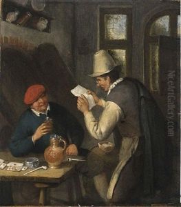 A Notary Reading A Letter To A Peasant Seated At A Table, Drinking And Smoking In An Interior