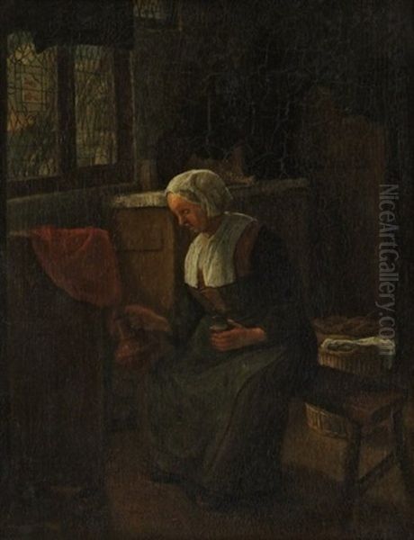 Frau In Interieur Auf Einer Holzbank Vor Einem Waschekorb - view 1