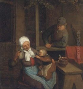 A Mother Playing With Her Child With A Man Looking On by Cornelis Dusart
