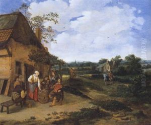 Musizierende Und Zechende Bauern Vor Einem Wirtshaus by Cornelis Dusart