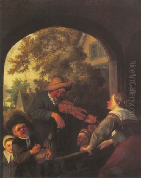 A Woman At A Half Opened Doorway Listening To A Travelling Musician - view 1