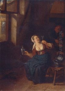A Tipsy Woman Toasting Her Husband As He Eats His Food by Cornelis Dusart