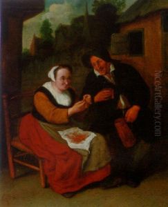A Woman Peeling Shrimps For A Man Before A Cottage by Cornelis Dusart