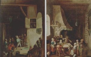 An Interior With Figures Watching A Conjuror by Cornelis Dusart